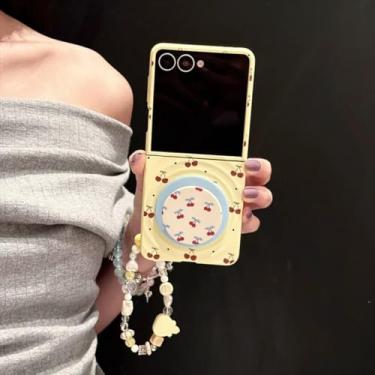 Imagem de Capa para Galaxy Z Flip6, capa magnética de cereja fofa com suporte e corrente (para Galaxy Z Flip6/com suporte e corrente)