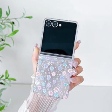Imagem de Capa para Galaxy Z Flip6 transparente com estampa de flor fofa e laser, com dobradiça de corrente (para Galaxy Z Flip6/02)