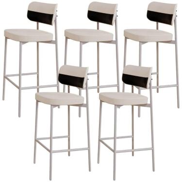 Imagem de Kit 05 Banquetas Alta Bar Cozinha Sala De Jantar Aço Branco Kaira C01 Linho Palha Courino Preto - Lyam Decor