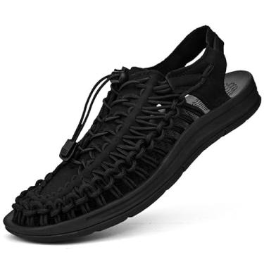 Imagem de Sandálias esportivas de corda para homens, sapatos de pescador, sandálias de praia masculinas feitas à mão, confortáveis e leves, Preto completo, 37