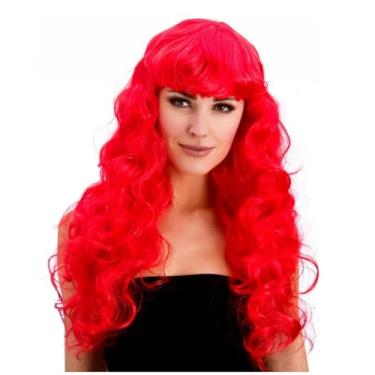 Imagem de Peruca Luxuosa Longa Encaracolada Vermelha, Sintética, para Carnaval e Festas, Cabelo Volumoso com Franja