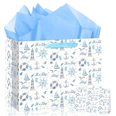 Imagem de Saco de presente Sweet Baby Boy Ahoy It's a Boy Saco de papel de embrulho com cartão comemorativo para tema náutico recém-nascido revelar chá de bebê lembrancinhas de festa de aniversário suprimentos