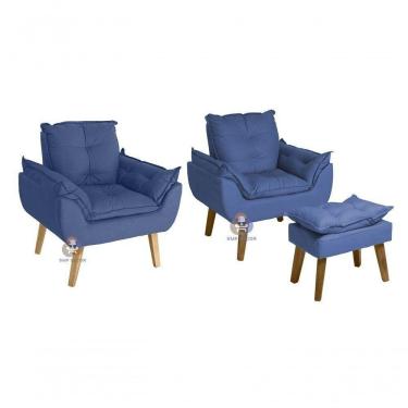 Imagem de Kit 02 Poltrona/cadeira Decorativa E Puff Glamour Com Pés Quadrado Azul Marinho