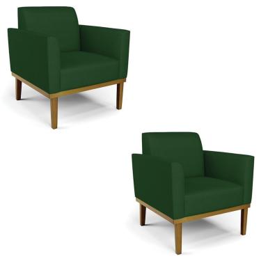 Imagem de Poltrona Base Madeira Castanho Kit 2 Maressa Veludo Luxo Verde - Ibiza