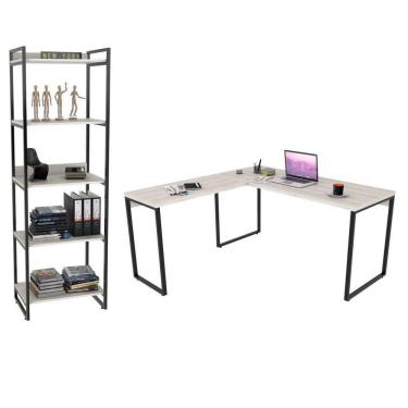 Imagem de Conjunto Escritório Estilo Industrial Mesa 150x150cm E Estante 60cm 5 Prateleiras
