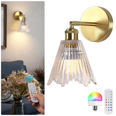 Imagem de Jaenmsa Arandela de parede vintage operada a bateria com abajur de vidro de grade de cristal transparente recarregável a bateria com controle remoto para cabeceira, quarto, banheiro, conjunto de 2