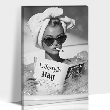 Imagem de Hzddty Arte de parede em tela de banheiro preto e branco, impressões de pintura minimalista moderna para sala de estar quarto decoração de parede de casa, Vogue Lady Pictures Obra de arte para quarto