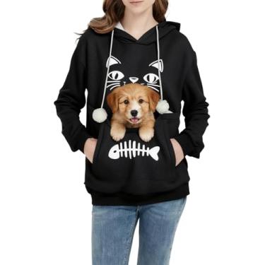 Imagem de Moletom unissex com bolsa para animais de estimação, suporte de transporte de gato, cachorro, moletom com capuz grande, preto
