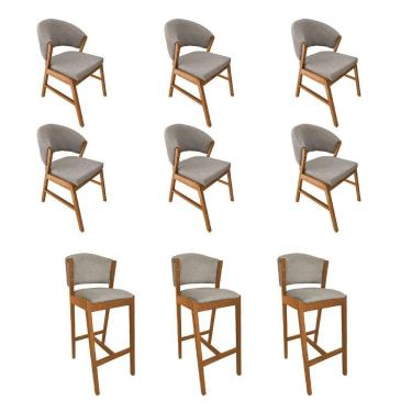 Imagem de Kit 6 Cadeiras De Jantar Debora Madeira Maciça Com 3 Banquetas Ana Cerejeira Premium Linho Bege