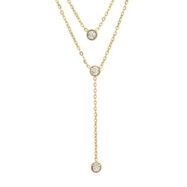 Imagem de Colar em camadas em forma de Y, dourado, aço inoxidável, longo, borla, gargantilha para mulheres, dupla camada redonda, cristal, zircônia cúbica, colar com pingente de disco, joias delicadas