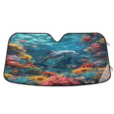 Imagem de Blueangle Protetor solar para para-brisa de carro colorido recifes de coral para carros - Proteção UV dobrável, ajuste universal 139.7 cm x 70.1 cm protetor de para-brisa frontal (214)