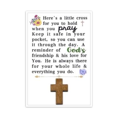 Imagem de Presentes de Natal com cruz pequena para mulheres, tokens de bolso de madeira cristãos, comunhão, confirmação de comunhão, presentes de batismo para meninas católicas religiosas presentes de