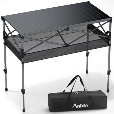 Imagem de Anbte Mesa de acampamento dobrável, 2 alturas ajustáveis 87 cm, suporte grande para mesa de acampamento 120 kg com cesta de armazenamento e bolsa, mesa externa de alumínio, para piquenique e viagem