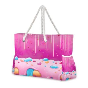 Imagem de Wassud Bolsa de praia fofas de bolinhas açucaradas grandes bolsas de praia para mulheres, à prova d'água, à prova de areia, bolsa de viagem com zíper e bolso para piscina, academia, acampamento