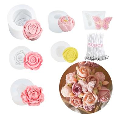 Imagem de 6 peças de molde de resina de vela rosa kit de moldes de flores de silicone 3D de rosas silicone para vela, cera, sabão, resina epóxi, fundição de concreto, argila de polímero, artesanato, decoração