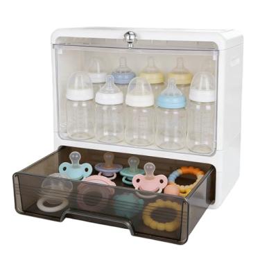 Imagem de Rainmae Organizador de mamadeiras para armário de bancada, 3 camadas ajustáveis de acrílico transparente para estação de armazenamento, caixa com 2 divisórias removíveis e porta magnética