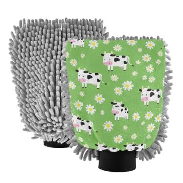Imagem de ODAWA Luvas de lavagem de carro de microfibra, lindas vacas de desenho animado verde macia luva de lavagem de carro pacote com 2 unidades 18 x 26 cm