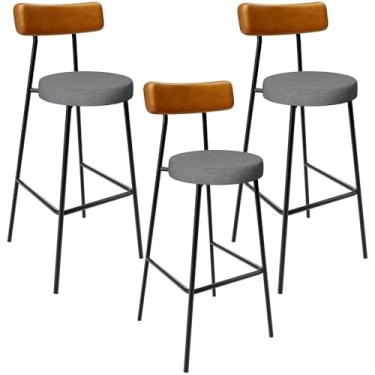 Imagem de Kit 3 Banquetas Alta Bar Cozinha Jantar Milão L02 Couríssimo Whisky Linho Cinza Escuro - Lyam Decor
