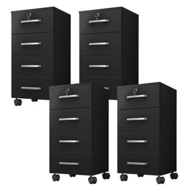 Imagem de Kit 4 Gaveteiros Para Escritório Gávea Com Chave Preto Fosco - Móveis Leão
