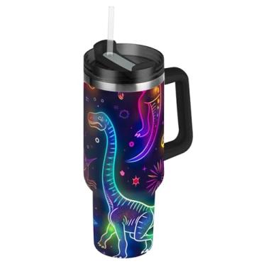 Imagem de Joisal Cute Neon Line Art Dinosaurs Tumblers com tampas e canudo garrafa de água isolada de aço inoxidável 1,134 g copo com alça à prova de vazamento carros garrafa de água cabe no copo do carro