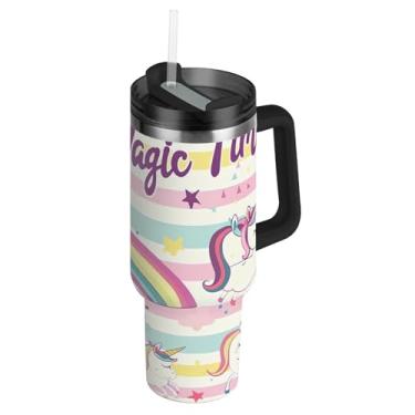 Imagem de Joisal Copos de aço inoxidável com tampas e canudo lindos unicórnios arco-íris caneca de café quente para carros copo fofo rosa com alça garrafa de água 1,134 g isolada