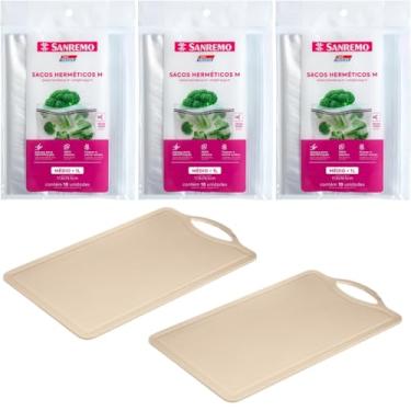 Imagem de Conjunto de 2 Tábua Bege Plástica de Corte para Alimentos + 3 Saco Hermetico Transparente 1 Litro