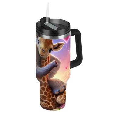 Imagem de Joisal Copos com tampas e canudos, elefante girafa Love Embrace 1,134 g copo com alça rosa bonito garrafa de água isolada copo de aço inoxidável para quente e frio
