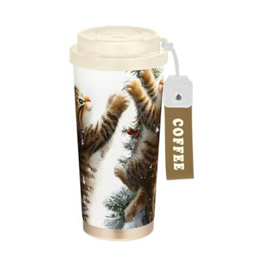 Imagem de Caneca de viagem de café 40 ml com canudo e tampa, revestimento cerâmico, isolamento a vácuo, aço inoxidável, copo de café, à prova de vazamento, gato vívido fofo árvore de Natal