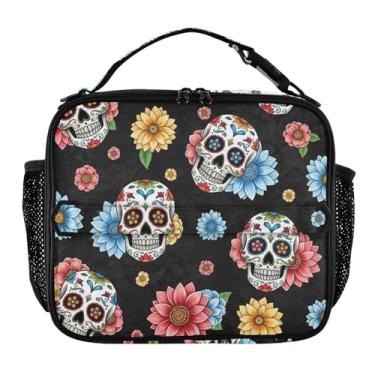 Imagem de Joisal Lancheira colorida floral preta com caveiras ornamentadas para meninas e mulheres lancheira masculina para trabalho bolsa térmica macia isolada com alça de ombro ajustável