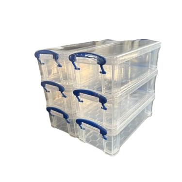 Imagem de Recipientes de armazenamento empilháveis transparentes com alças coloridas, pacote com 6 caixas de organização de plástico para material de escritório, materiais de arte, armazenamento escolar (azul)