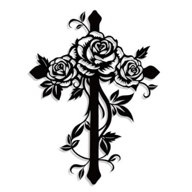Imagem de Kercan Decoração de parede com cruz de rosa de metal - decoração moderna de quarto, decoração de parede com cruz preta para sala de estar, quarto, sala de jantar, varanda