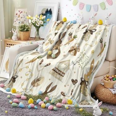 Imagem de Grtuspr Cobertor de Páscoa, cobertor macio e aconchegante com coelho retrô, cenoura, estampa de ovo de pássaro, cobertores leves de pelúcia para sofá-cama, sofá, decoração de primavera, presente para