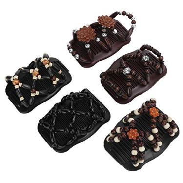 Imagem de Cryfokt Clipe de Pente de Cabelo Duplo Elástico Contas de Madeira Acessórios de Cabelo Femininos para Salão de Estilo, Conjunto de 5 Peças