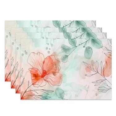 Imagem de Jogo americano floral em aquarela, arte laranja, flores, folhas verdes, à prova d'água, à prova de óleo, para ambientes internos e externos, decoração de jantar, casa de fazenda, conjunto de 10, 30 x