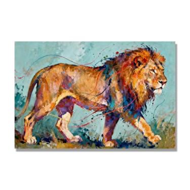 Imagem de NHLDZYH Pintura de leão colorida, impressão de arte abstrata vibrante, decoração de parede de animais selvagens e enérgicos, tela contemporânea moderna para quarto, academia, quarto de crianças. A49