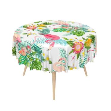 Imagem de SIEDYCV Toalha de mesa redonda flamingo, 178 cm, flores tropicais, palmeira, pássaro, abacaxi, tecido de verão, impermeável, de poliéster, capa de mesa havaiana para cozinha, piquenique, luau, festa