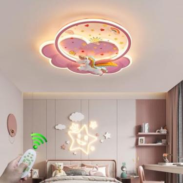 Imagem de Luminária de teto rosa com controle remoto, LED moderno e dimerizável, para quarto infantil, com decoração criativa de unicórnio e nuvem. Ideal para cozinha, quarto de menina e outros ambien