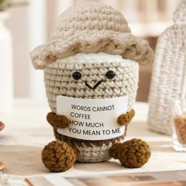 Imagem de Sobremesa artística de crochê positiva – decoração fofa de xícara de café de desenho animado, kits de crochê feitos à mão, festival, aniversário, presentes de Natal para mulheres ou homens