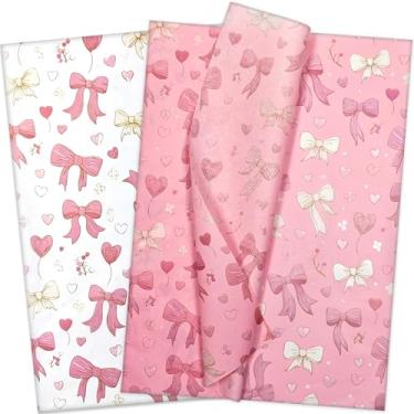 Imagem de LIAPAWPAW Papel de seda com estampa de laços e corações fofos 60 folhas 50 x 35 cm, papel de seda rosa e branco para sacolas de presente, caixas e artesanato, embrulho de presente feminino chique para