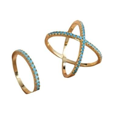 Imagem de Conjunto De Anéis De Zircônia Turquesa Para Mulheres E Homens, Design 