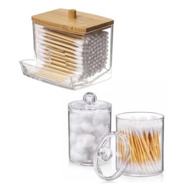 Imagem de Kit 2 Conjunto de Potes de Acrílico Organizador com Tampa de Bambu 2 Unidades para Cotonetes e Algodão Transparente Premium