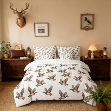 Imagem de Erosebridal Jogo de cama solteiro fofo de pato selvagem, 7 peças, caça e pesca, para quarto de meninas, meninos e adolescentes, adultos, conjunto de cama rústica de animais de fazenda