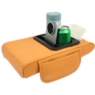 Imagem de Tapete de caixa de apoio de braço de carro multifuncional de couro PU, almofada de apoio de braço automotivo de couro, capa de console central com caixa de lenços e suporte de copo para assentos