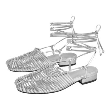 Imagem de pinokino Sandálias femininas de tecido rasteiras com tiras e bico fechado sapatos de verão confortáveis sem cadarço gladiador sem cadarço com salto baixo, Prata, 41