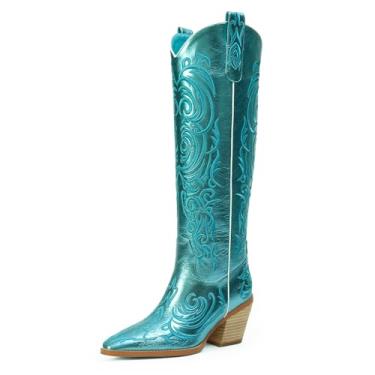 Imagem de iiimmu Botas femininas cowgirl cano alto bico fino e salto bloco cowboy couro sintético com bordado, Azul metálico, 35