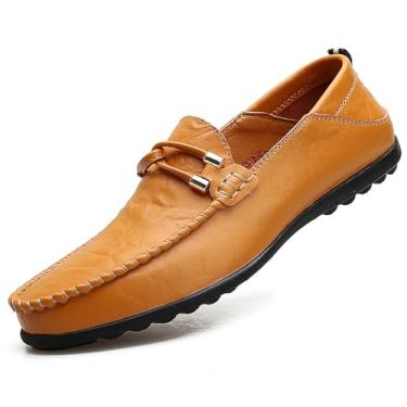 Imagem de WELRUNG Sapato masculino casual de couro legítimo sem cadarço macio para dirigir e caminhar, Marrom claro, 37