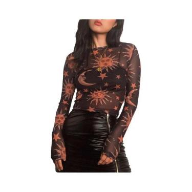 Imagem de Camiseta Feminina De Manga Comprida Com Estampa De Sol E Lua, Gola Red