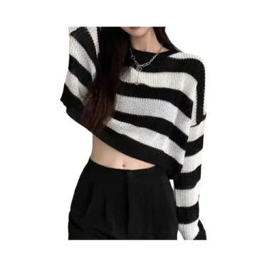 Imagem de Suéter Cropped Listrado Oversize Feminino Estilo Coreano Vintage De Ma
