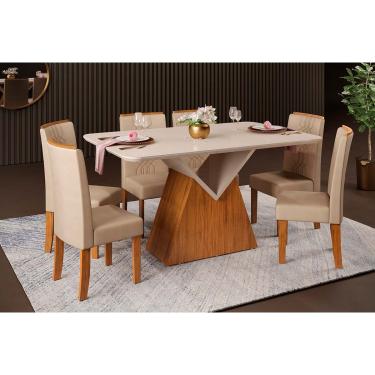 Imagem de Conjunto: Mesa Sala Jantar Argo c/ Tampo Madeirado c/ Vidro Curvo 136x90cm e 6 Cadeiras Zoe Freijo/Off White - Suede Creme - DJ Móveis