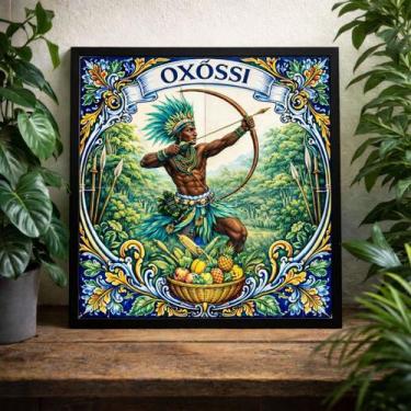 Imagem de Quadro Estilo Azulejo Orixá Oxóssi 33x33cm Mold Preta Vidro - Quadros 